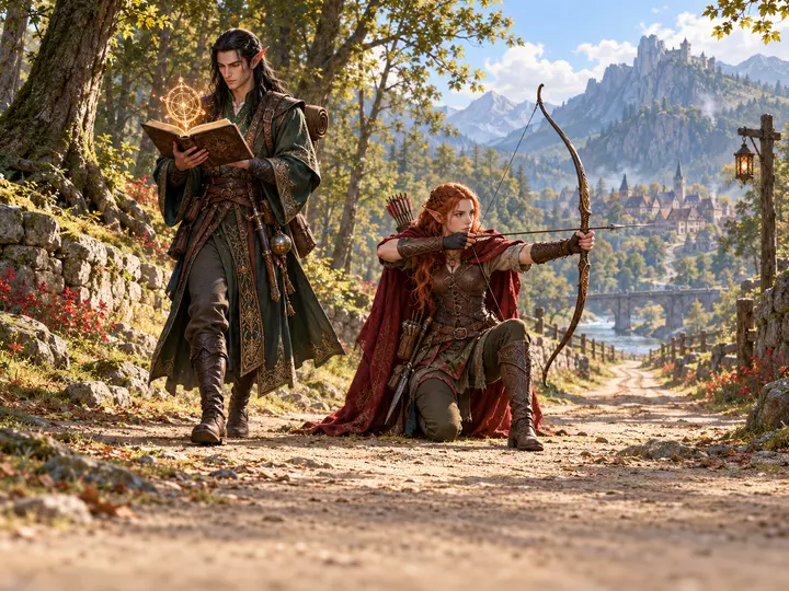 Casal de elfos verdes na floresta