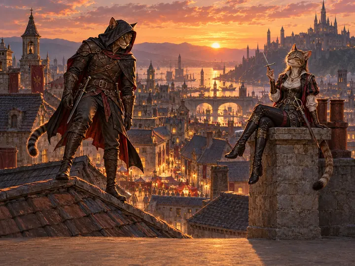 Casal de meio-gatos nos telhados ao pôr do sol